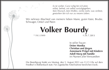 Traueranzeige von Volker Bourdy von Pegnitz-Zeitung